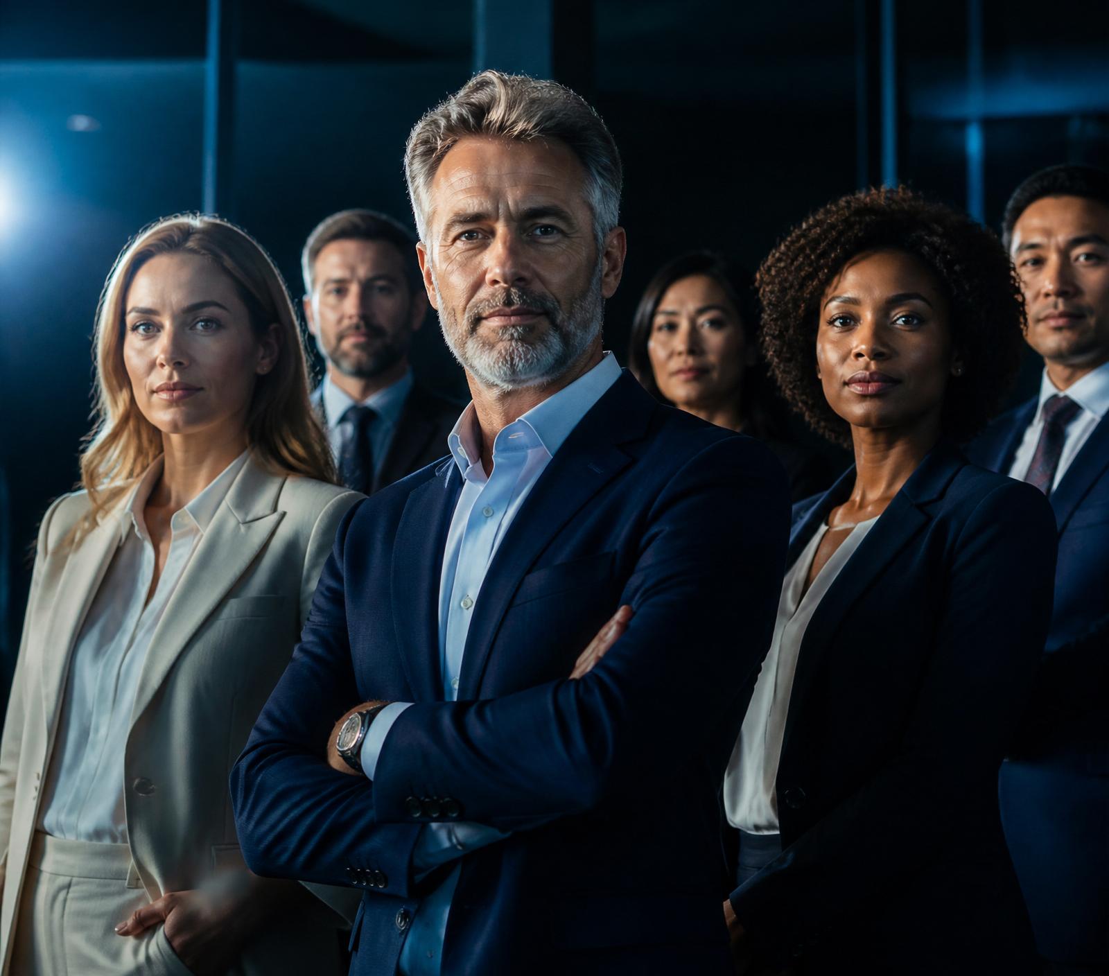 Líderes confiantes em ambiente corporativo